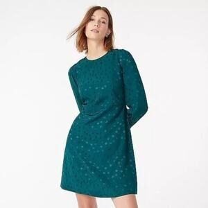 J. Crew Green Jacquard Floral Dot Satin Long Sleeve Dress
